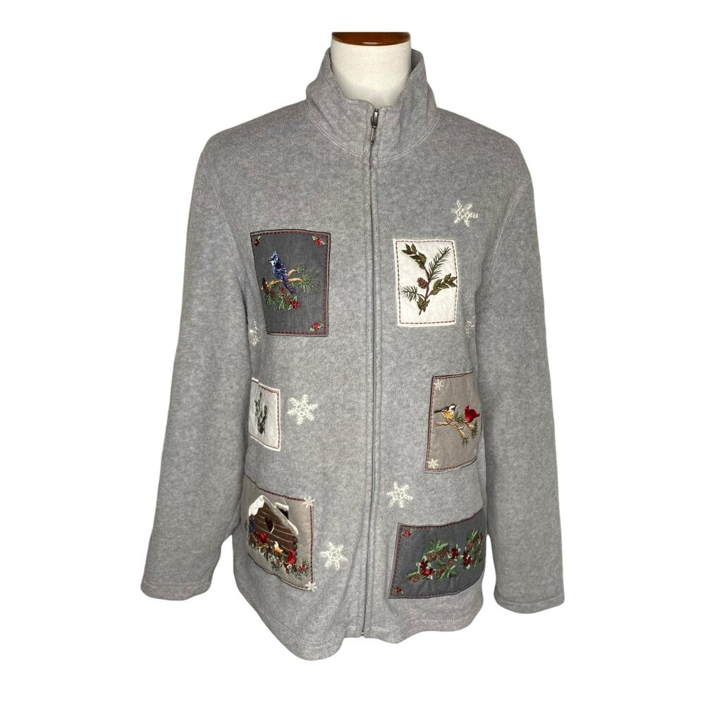 Croft Barrow Fleece Jacket Gray Bird Patchwork Zip Up Womens XL Cottagecore Twee